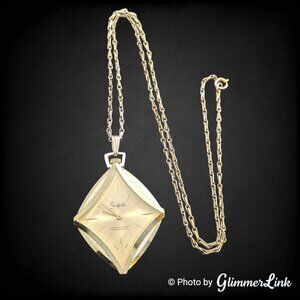 Vintage Sheffield Swiss Made Gold Tone Diamond Shape Pendant Watch Necklace